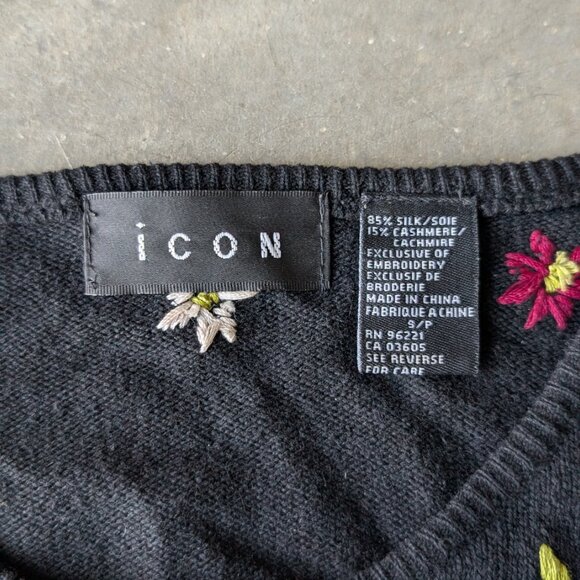 Vintage Icon Black Silk Cashmere Knit Floral Embroidered Cardigan Sweater small - Picture 5 of 6